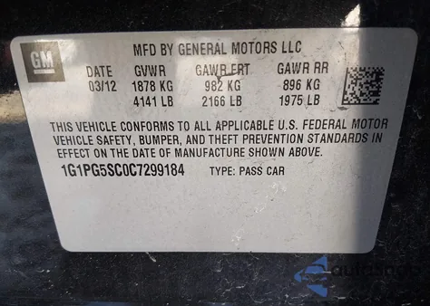 2012 Chevrolet Cruze 2Lt z USA, uszkodzony, nr VIN 1G1PG5SC0C7299184